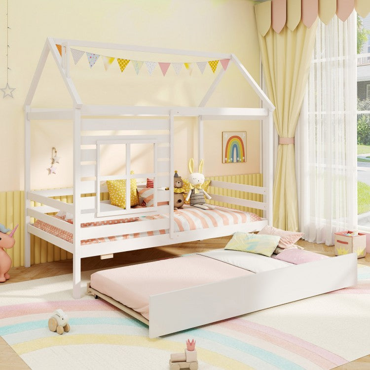 Wooden Twin Size House Bed with Trundle, Roof & Guardrails - White