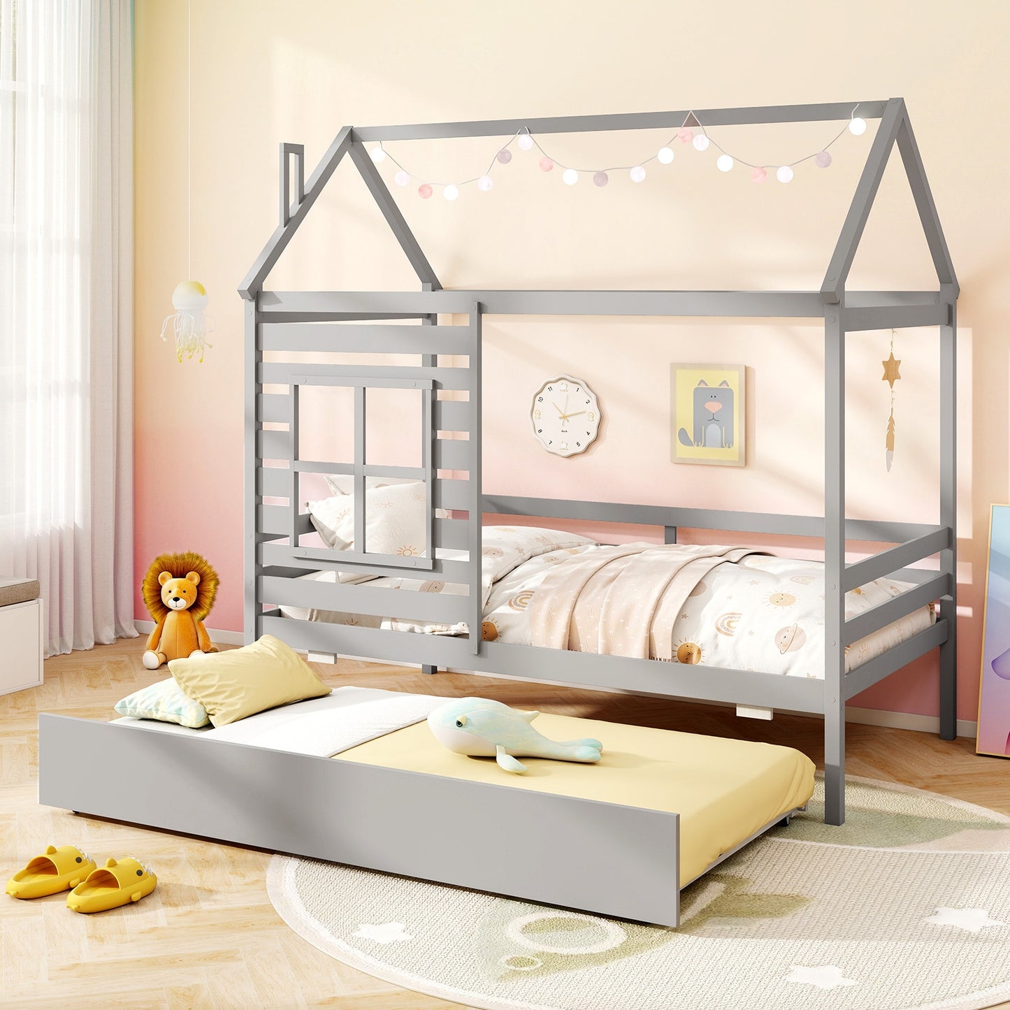 Wooden Twin Size House Bed with Trundle, Roof & Guardrails - Grey