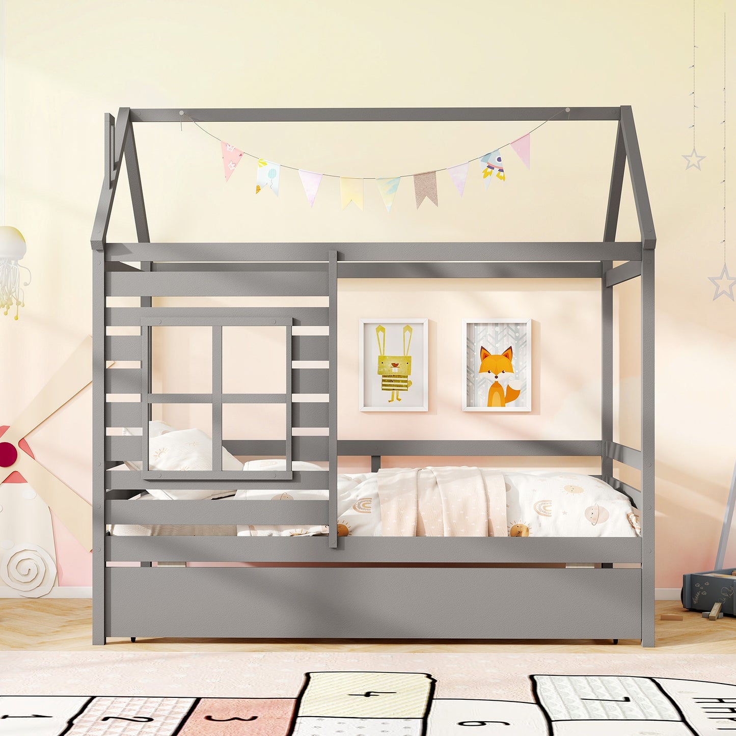 Wooden Twin Size House Bed with Trundle, Roof & Guardrails - Grey