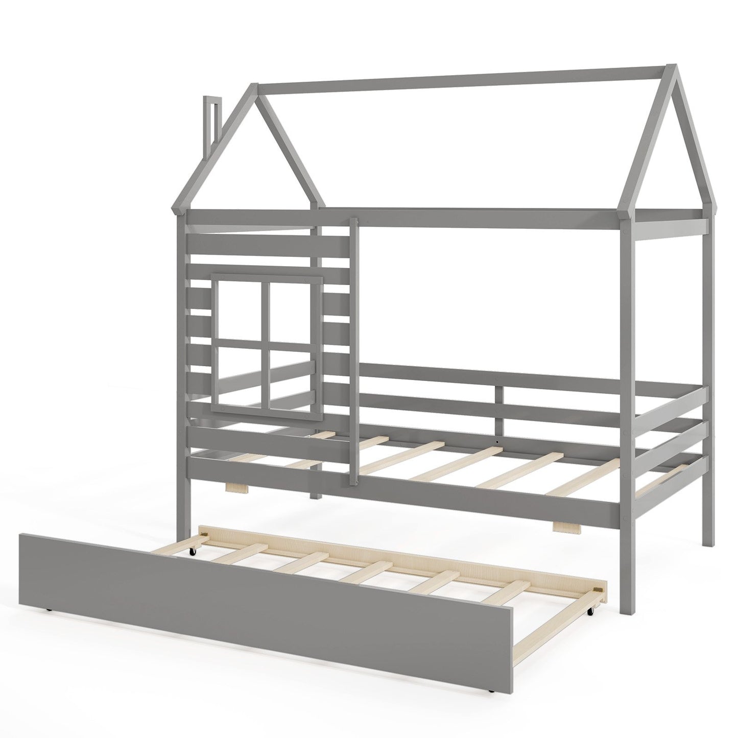 Wooden Twin Size House Bed with Trundle, Roof & Guardrails - Grey