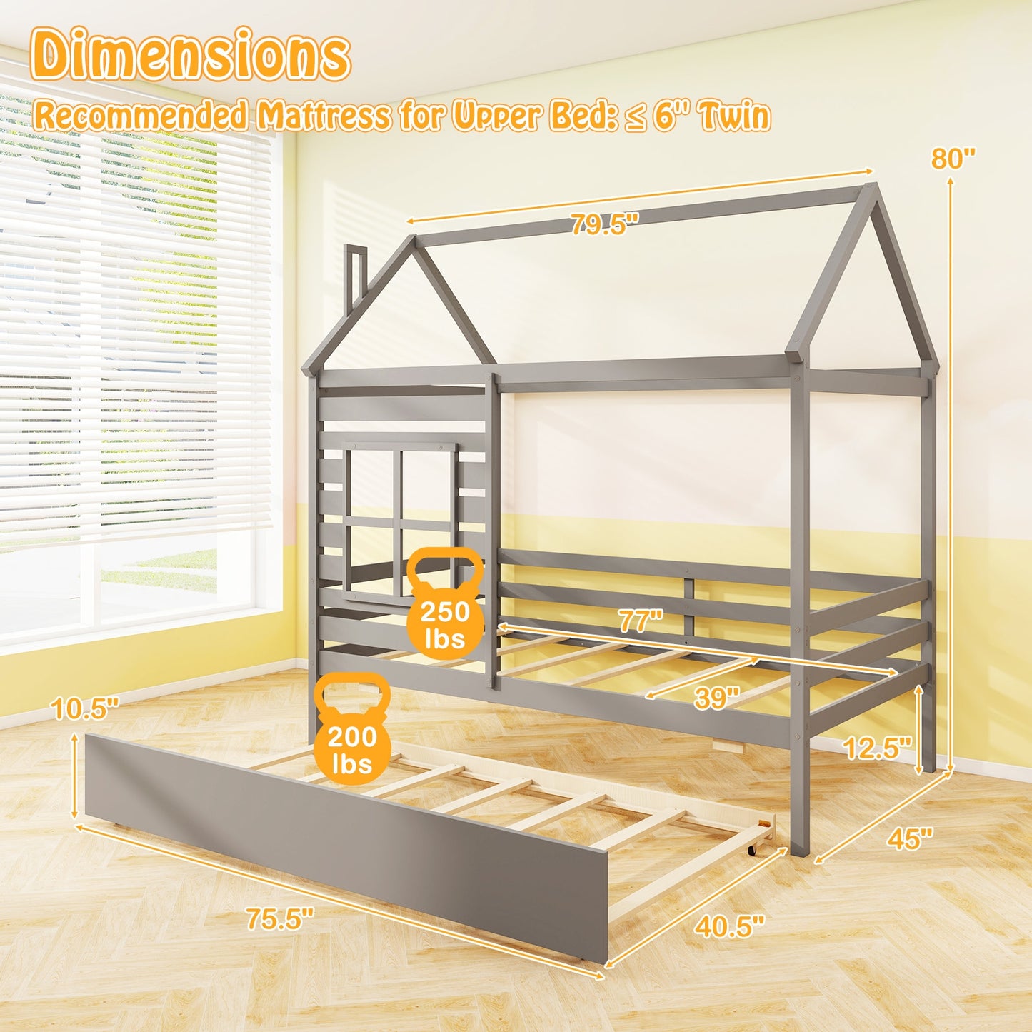 Wooden Twin Size House Bed with Trundle, Roof & Guardrails - Grey