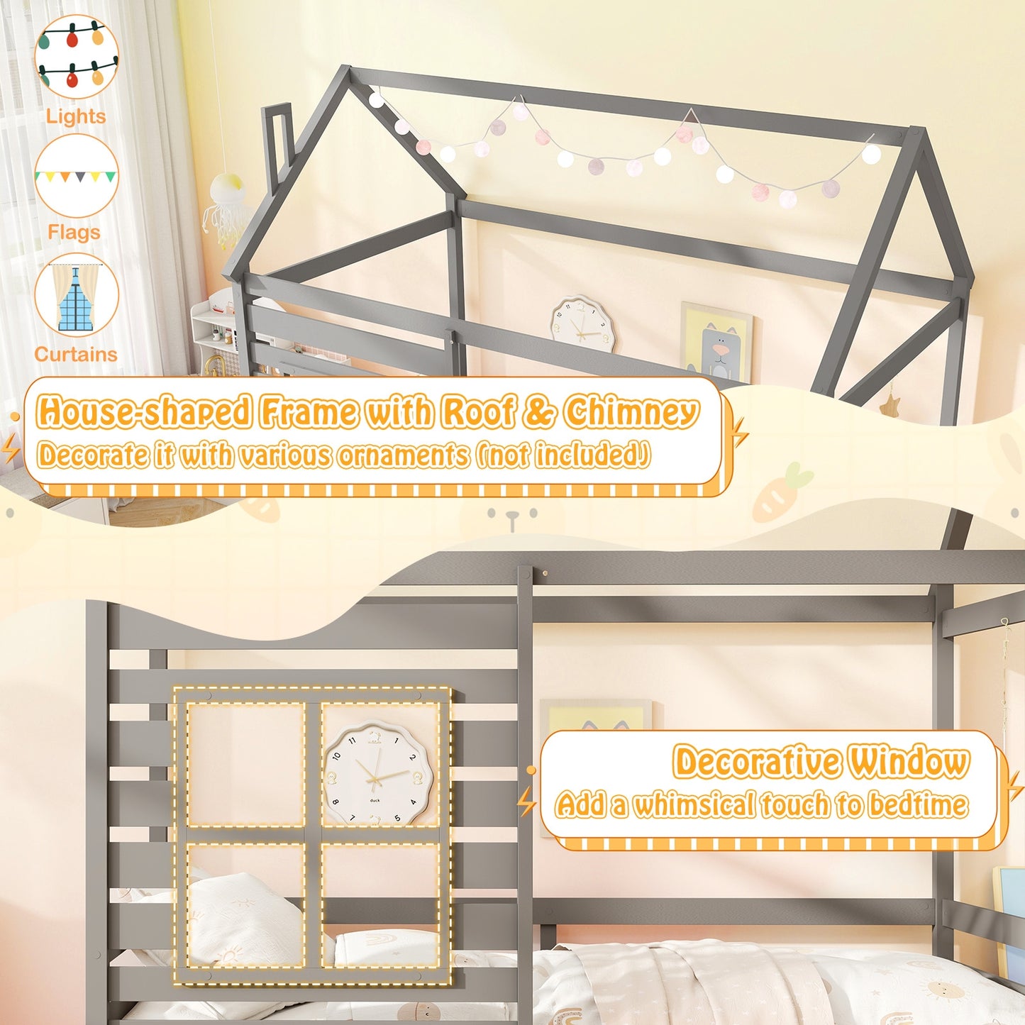 Wooden Twin Size House Bed with Trundle, Roof & Guardrails - Grey