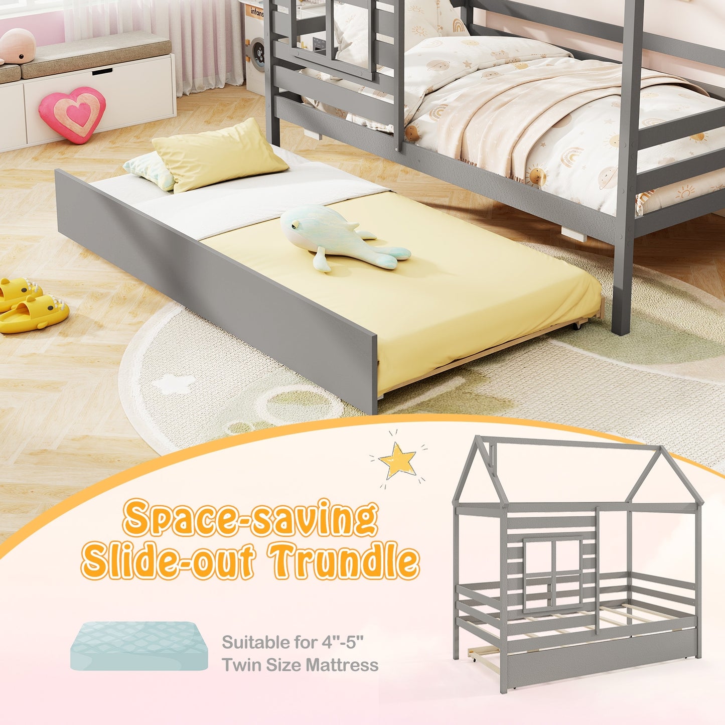 Wooden Twin Size House Bed with Trundle, Roof & Guardrails - Grey
