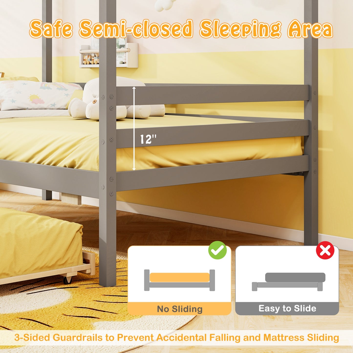 Wooden Twin Size House Bed with Trundle, Roof & Guardrails - Grey
