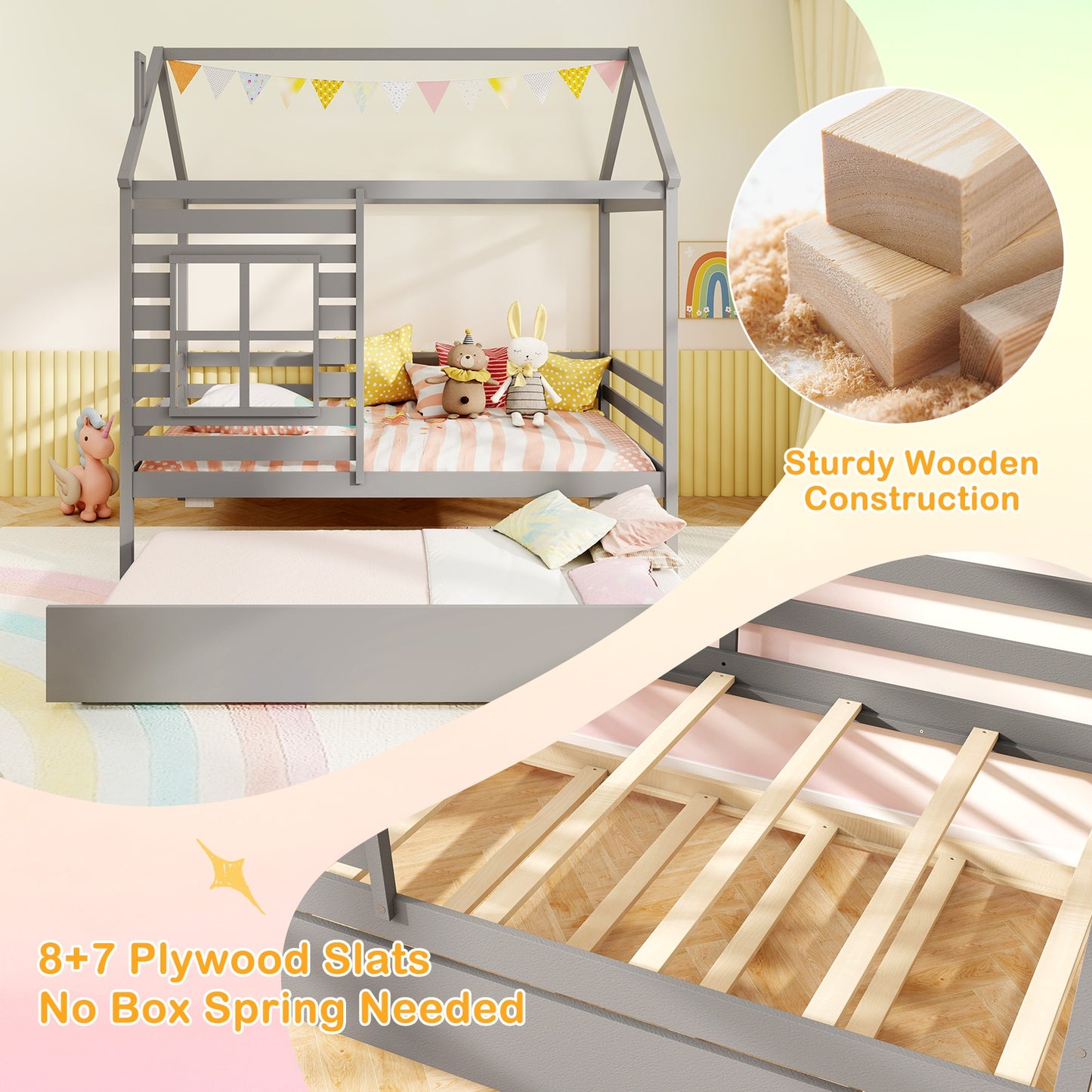 Wooden Twin Size House Bed with Trundle, Roof & Guardrails - Grey
