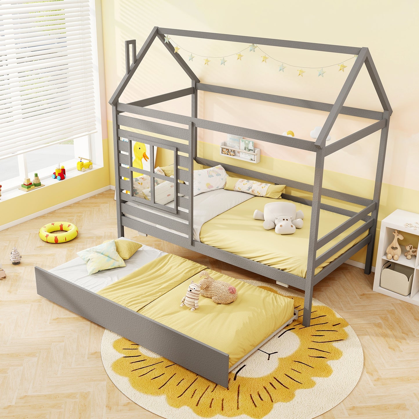 Wooden Twin Size House Bed with Trundle, Roof & Guardrails - Grey