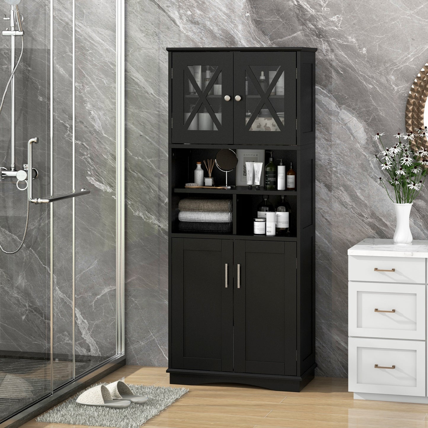57 Inch Tall Storage Cabinet with Acrylic Doors, Adjustable Shelves, and Cabinets