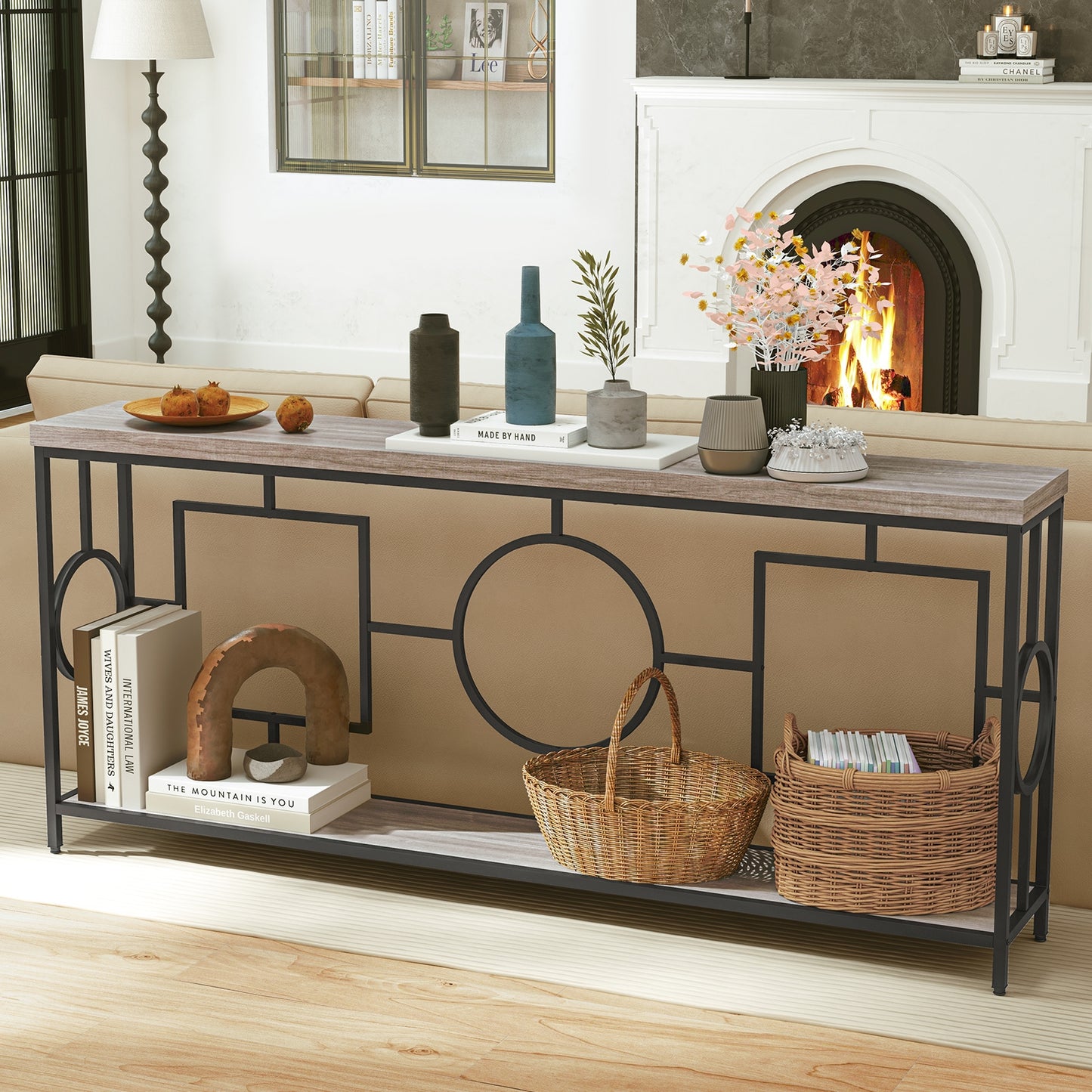 Contemporary 2-Tier Console Table with Faux Marble Finish and Metal Base