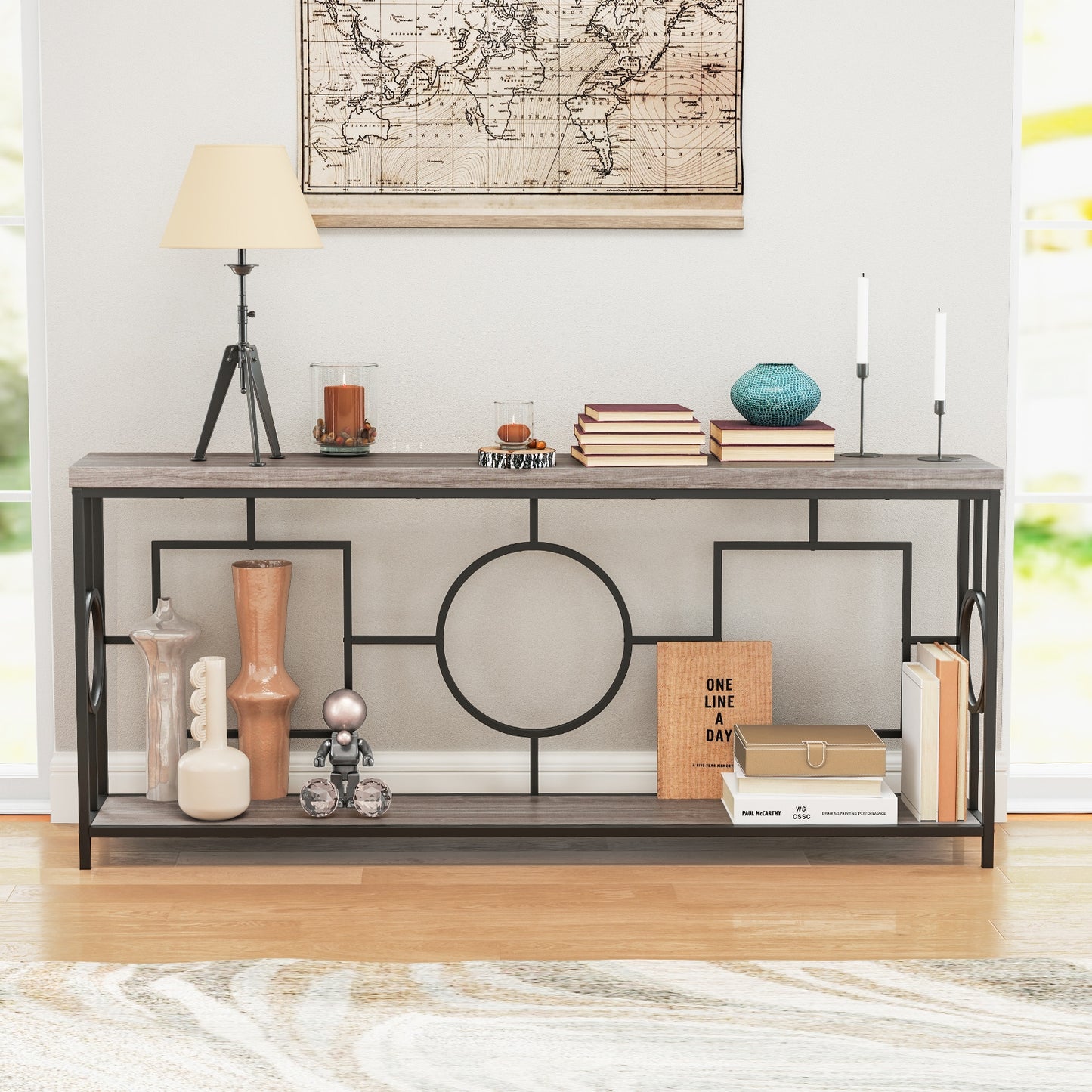 Contemporary 2-Tier Console Table with Faux Marble Finish and Metal Base