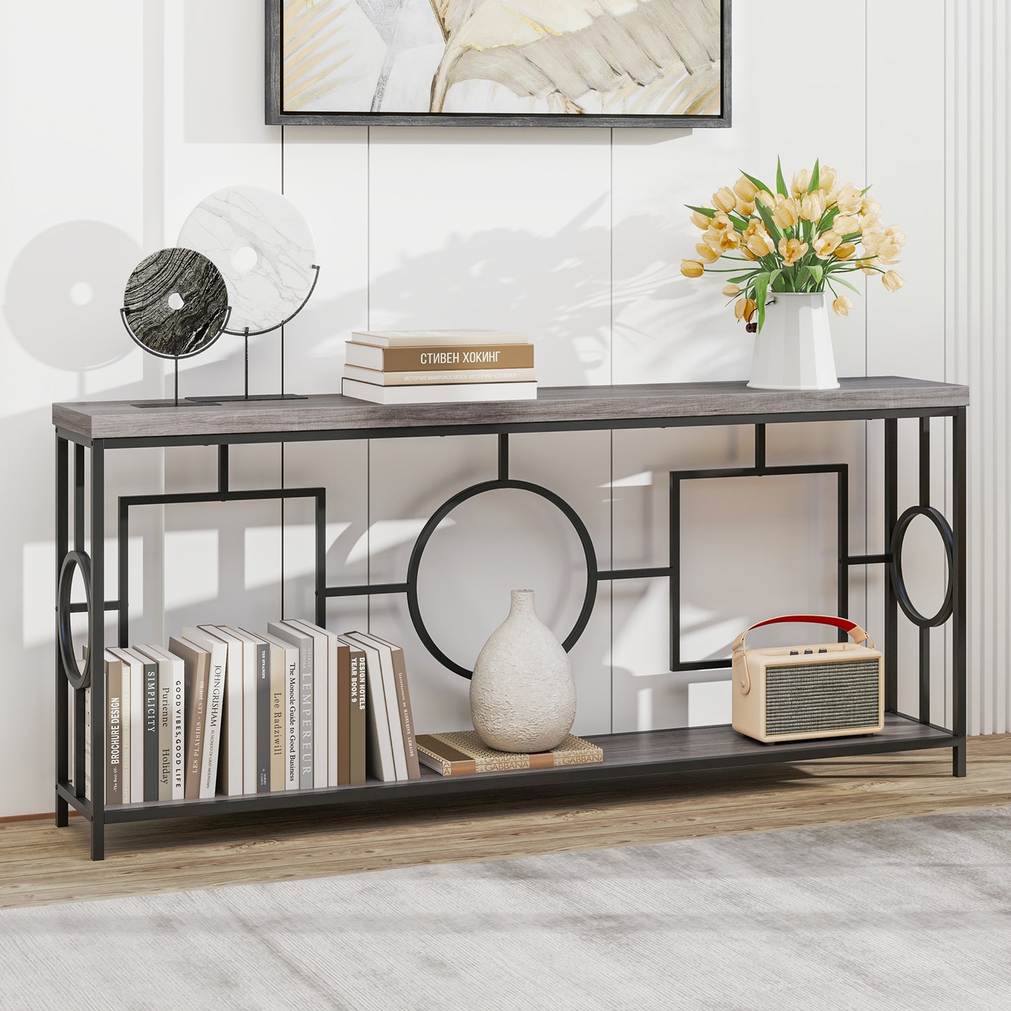 Contemporary 2-Tier Console Table with Faux Marble Finish and Metal Base