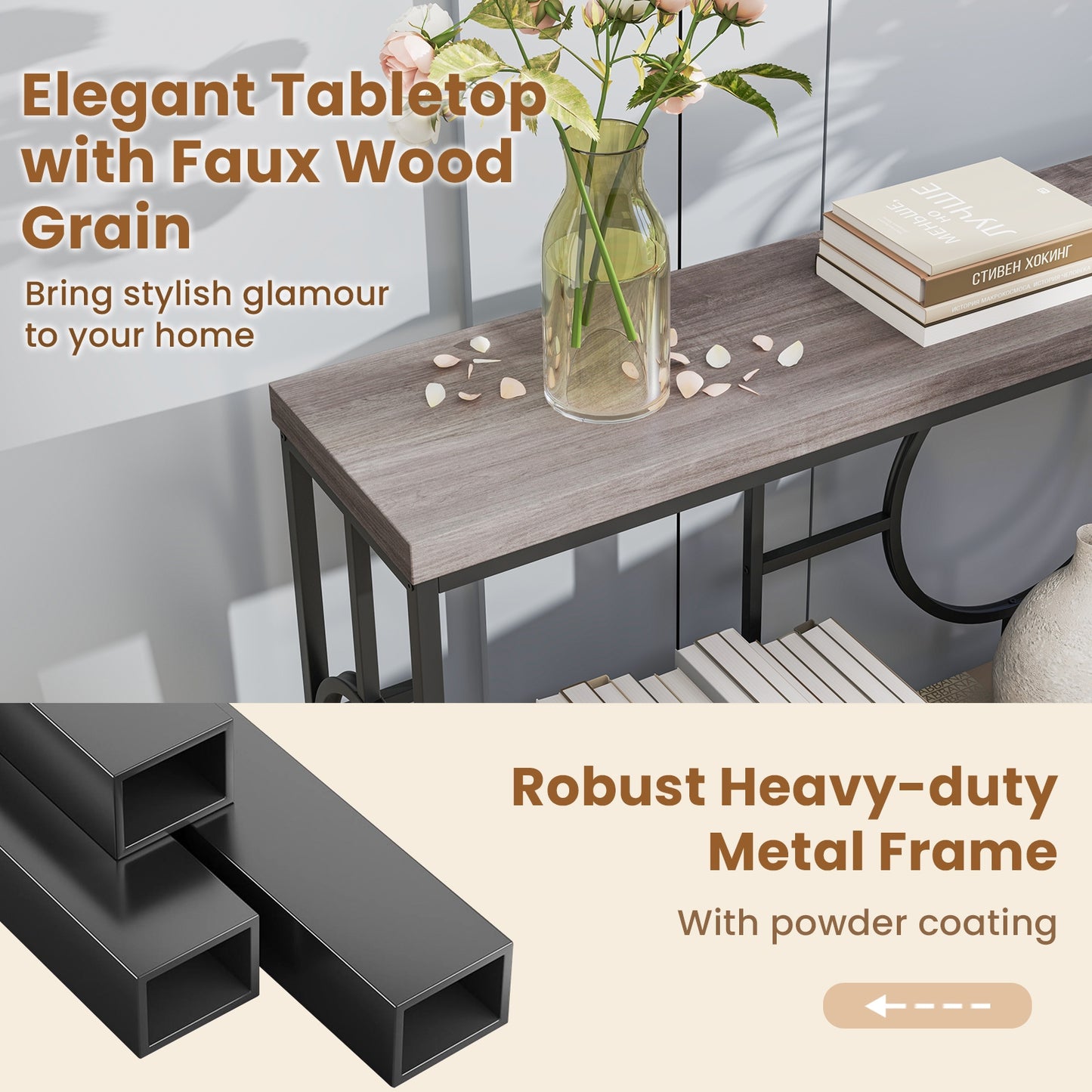 Contemporary 2-Tier Console Table with Faux Marble Finish and Metal Base
