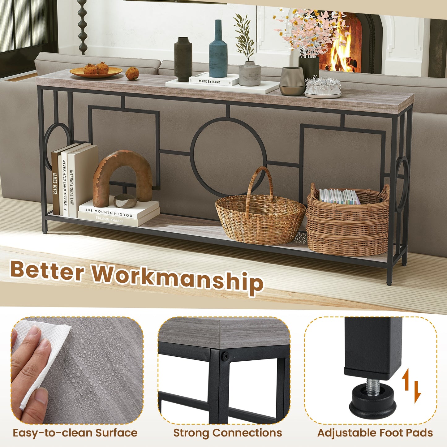 Contemporary 2-Tier Console Table with Faux Marble Finish and Metal Base