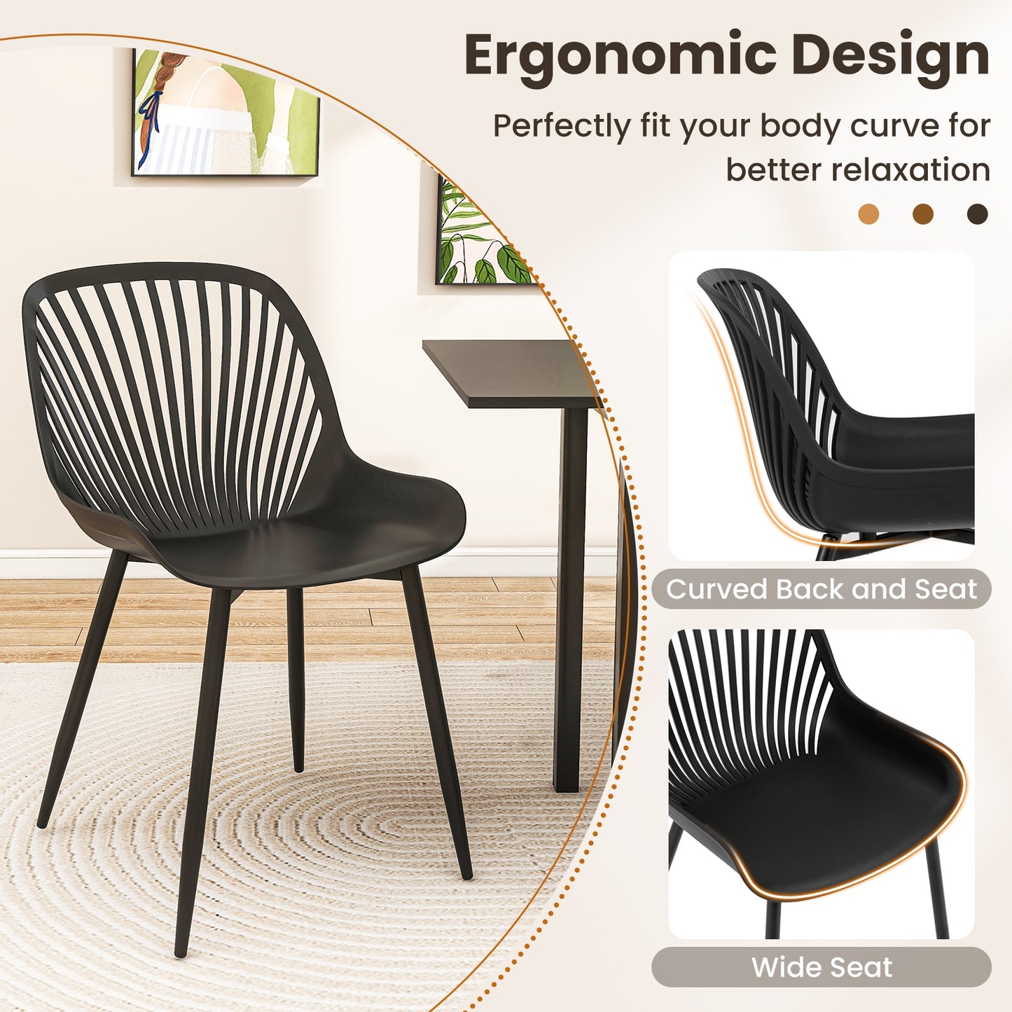 Modern Dining Chairs with Metal Legs Cutout Backrest and Curved Seat - Set of 4