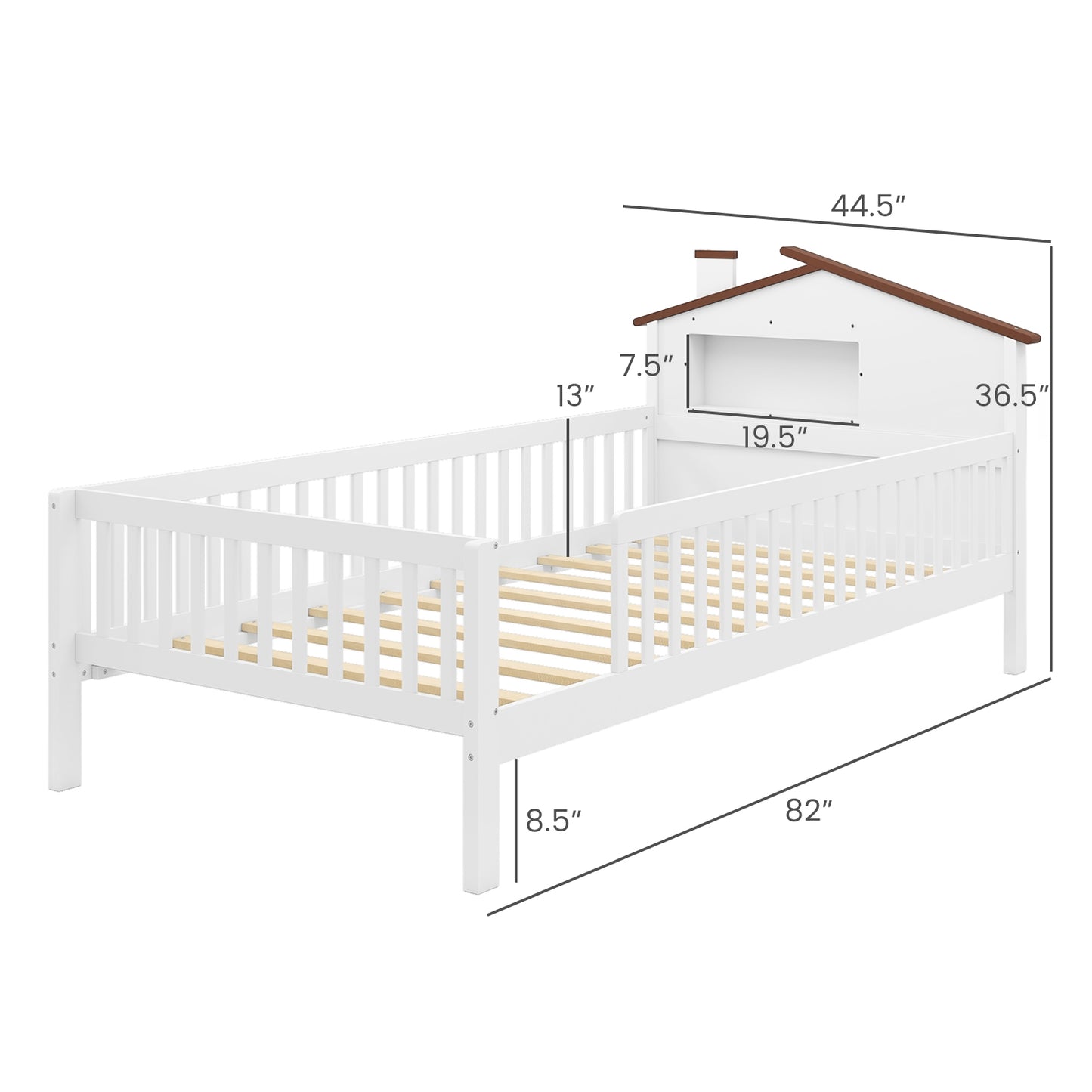Montessori Twin Bed with House-Shaped Headboard and Storage Shelf for Kids, White