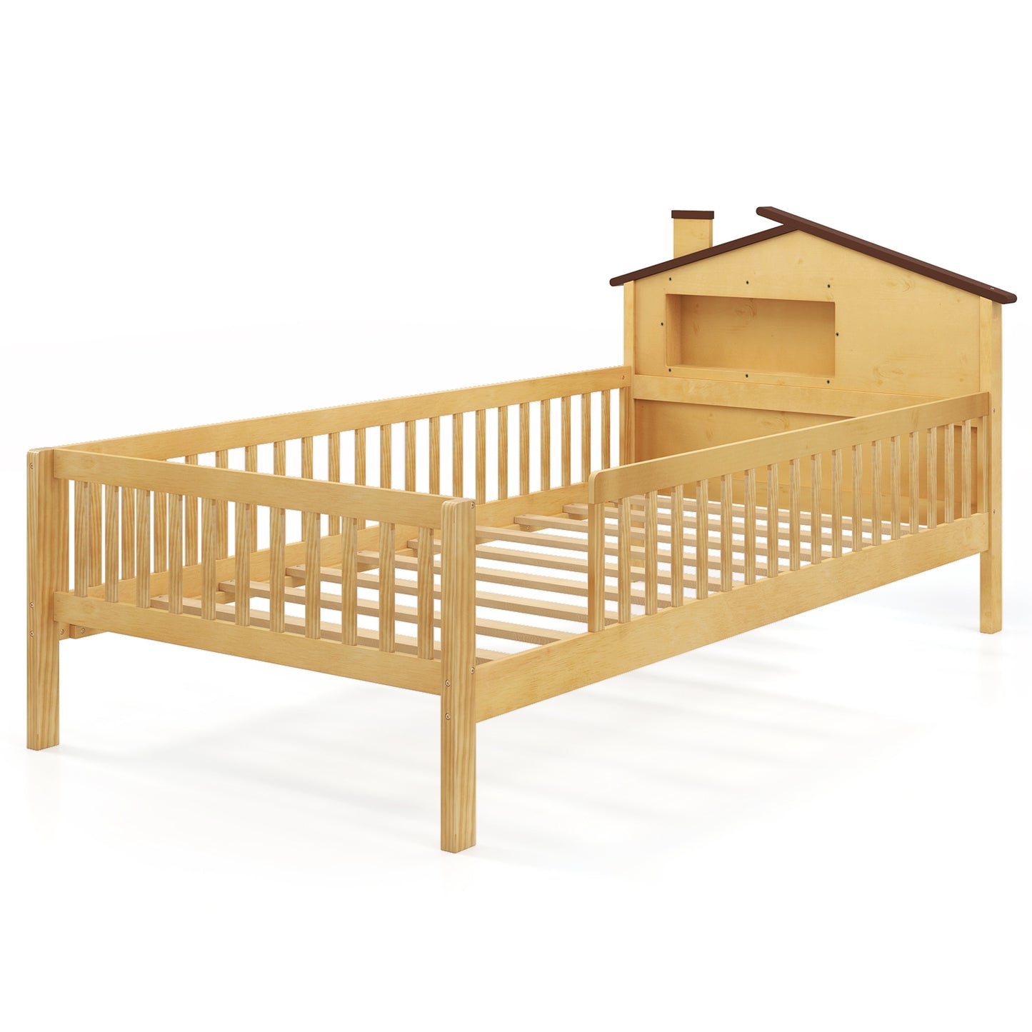 Montessori Twin Bed with House-Shaped Headboard and Storage Shelf for Kids, Natural