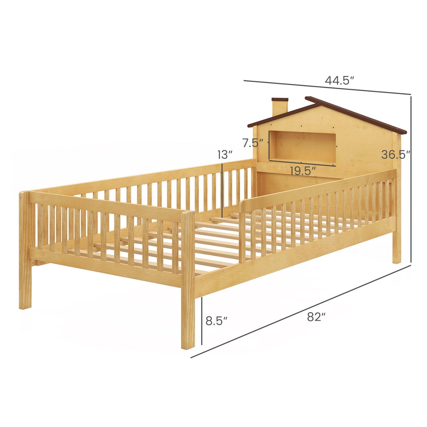 Montessori Twin Bed with House-Shaped Headboard and Storage Shelf for Kids, Natural