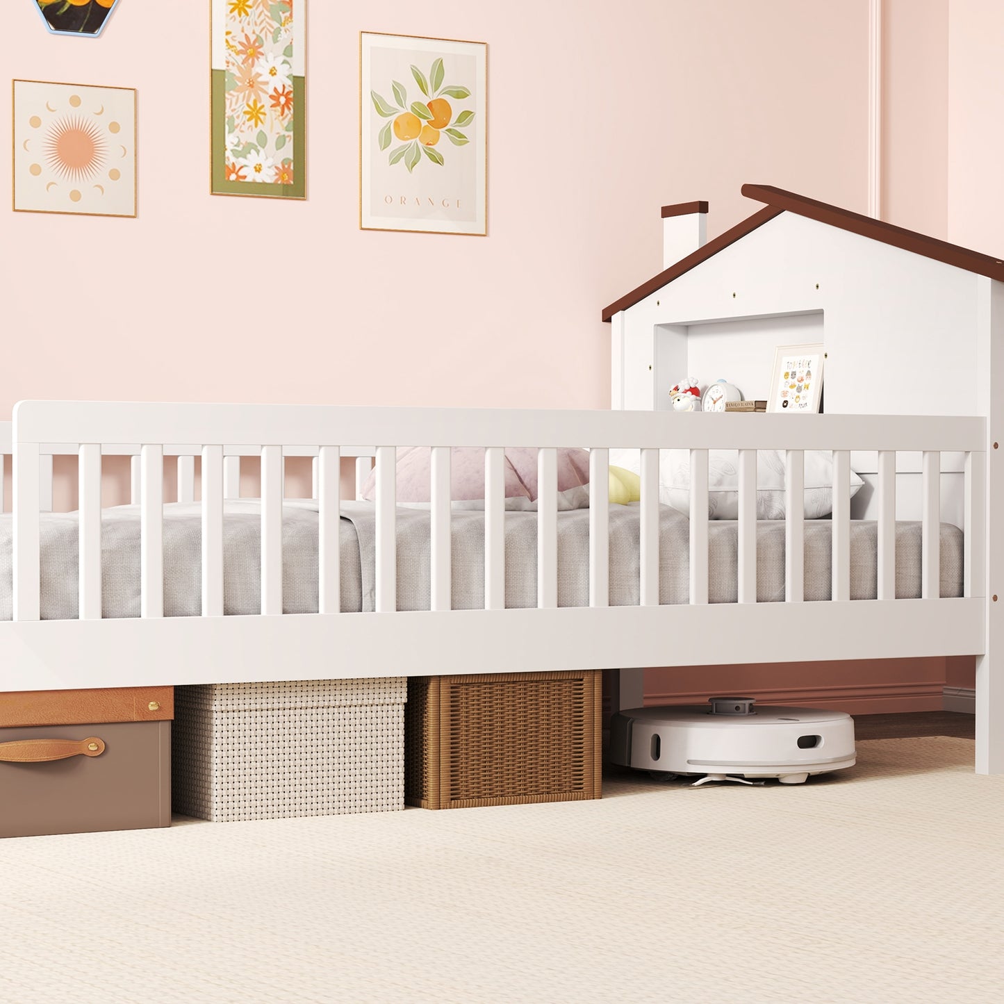 Montessori Twin Bed with House-Shaped Headboard and Storage Shelf for Kids, White