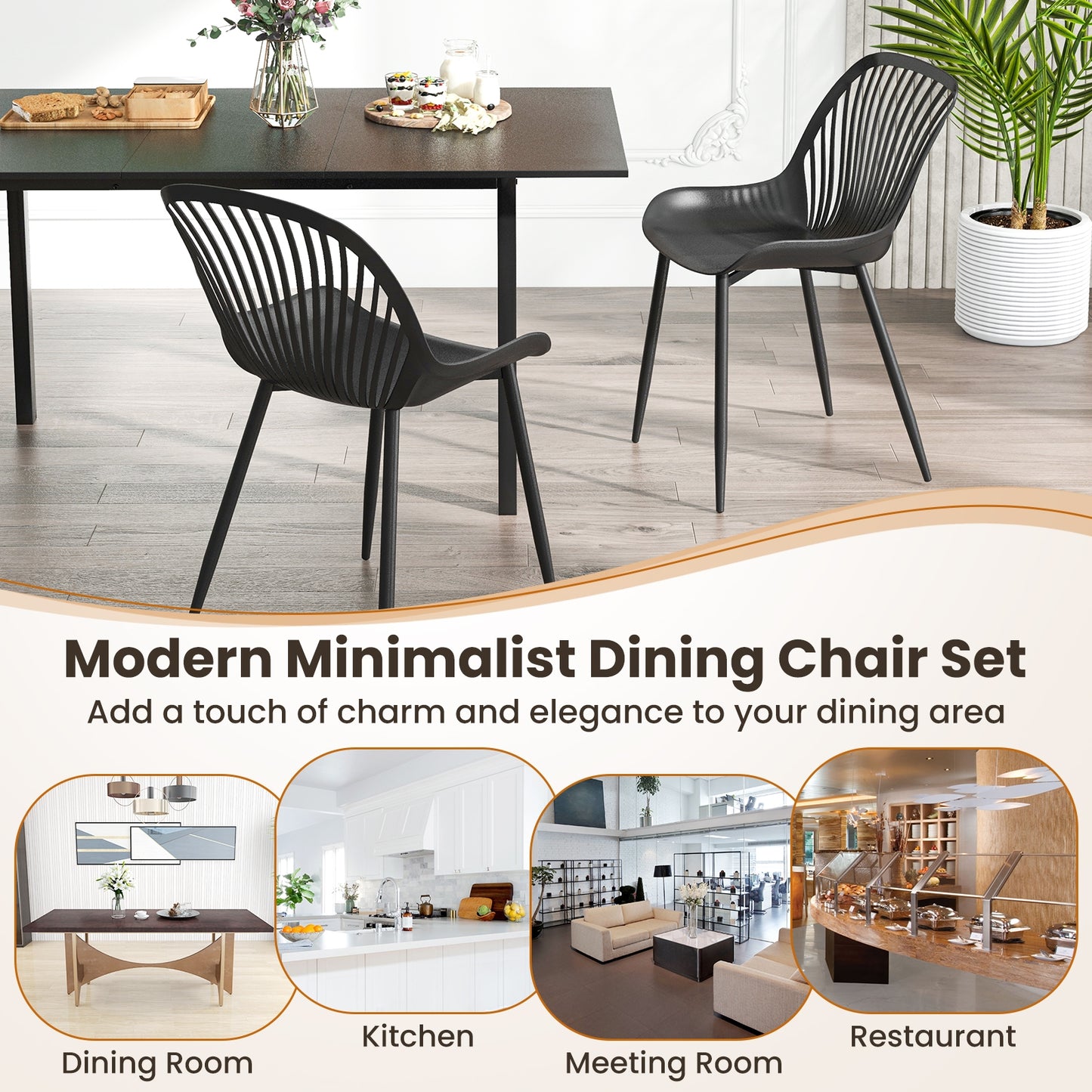 Modern Dining Chairs with Metal Legs Cutout Backrest and Curved Seat - Set of 4