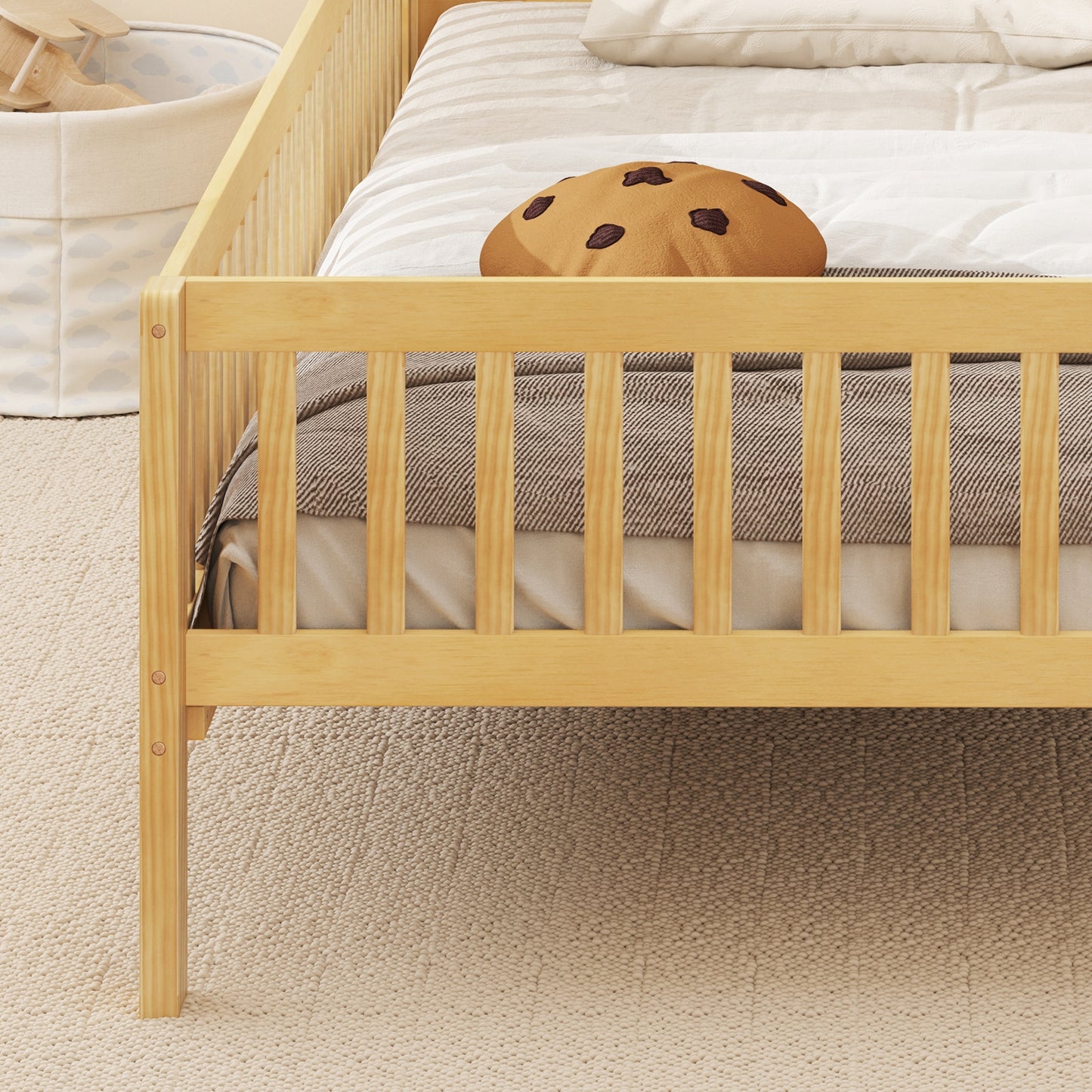 Montessori Twin Bed with House-Shaped Headboard and Storage Shelf for Kids, Natural