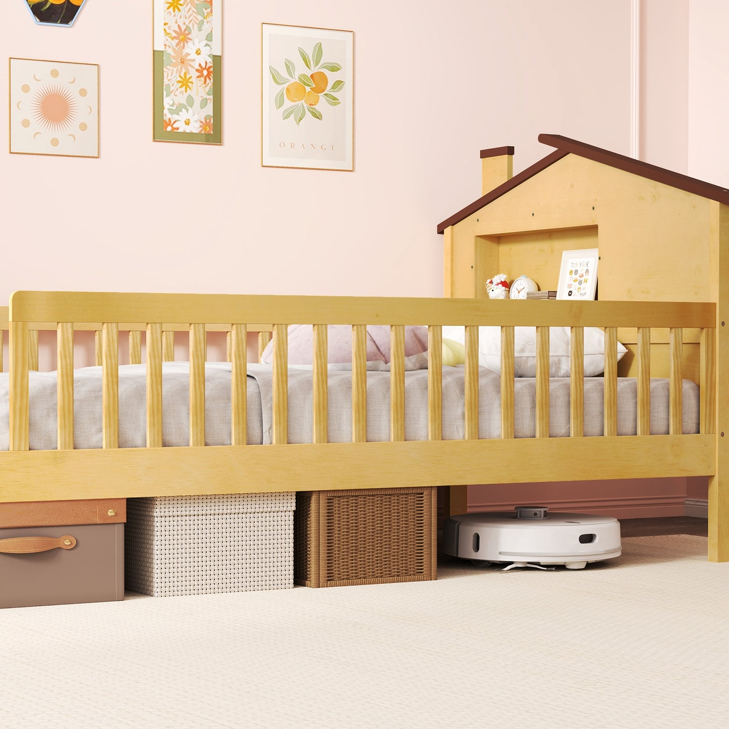 Montessori Twin Bed with House-Shaped Headboard and Storage Shelf for Kids, Natural