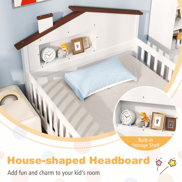 Montessori Twin Bed with House-Shaped Headboard and Storage Shelf for Kids, White