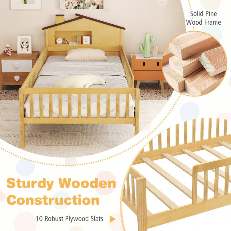 Montessori Twin Bed with House-Shaped Headboard and Storage Shelf for Kids, Natural