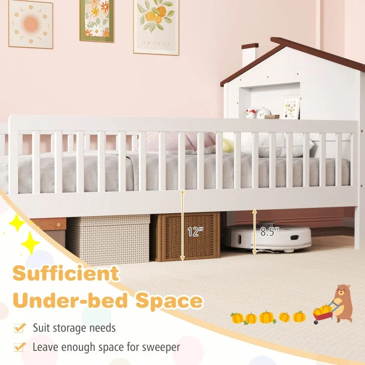 Montessori Twin Bed with House-Shaped Headboard and Storage Shelf for Kids, White