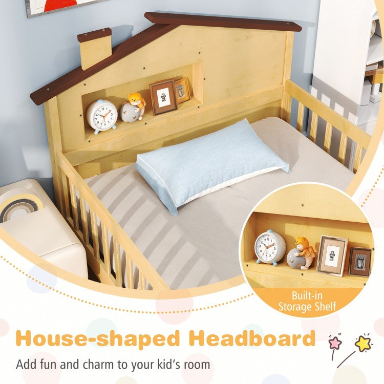 Montessori Twin Bed with House-Shaped Headboard and Storage Shelf for Kids, Natural