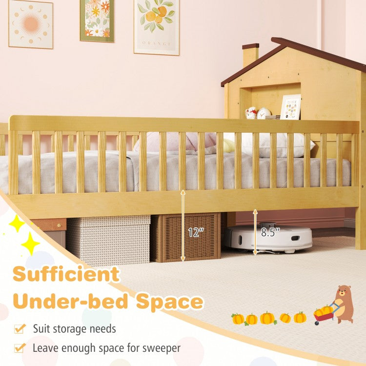 Montessori Twin Bed with House-Shaped Headboard and Storage Shelf for Kids, Natural