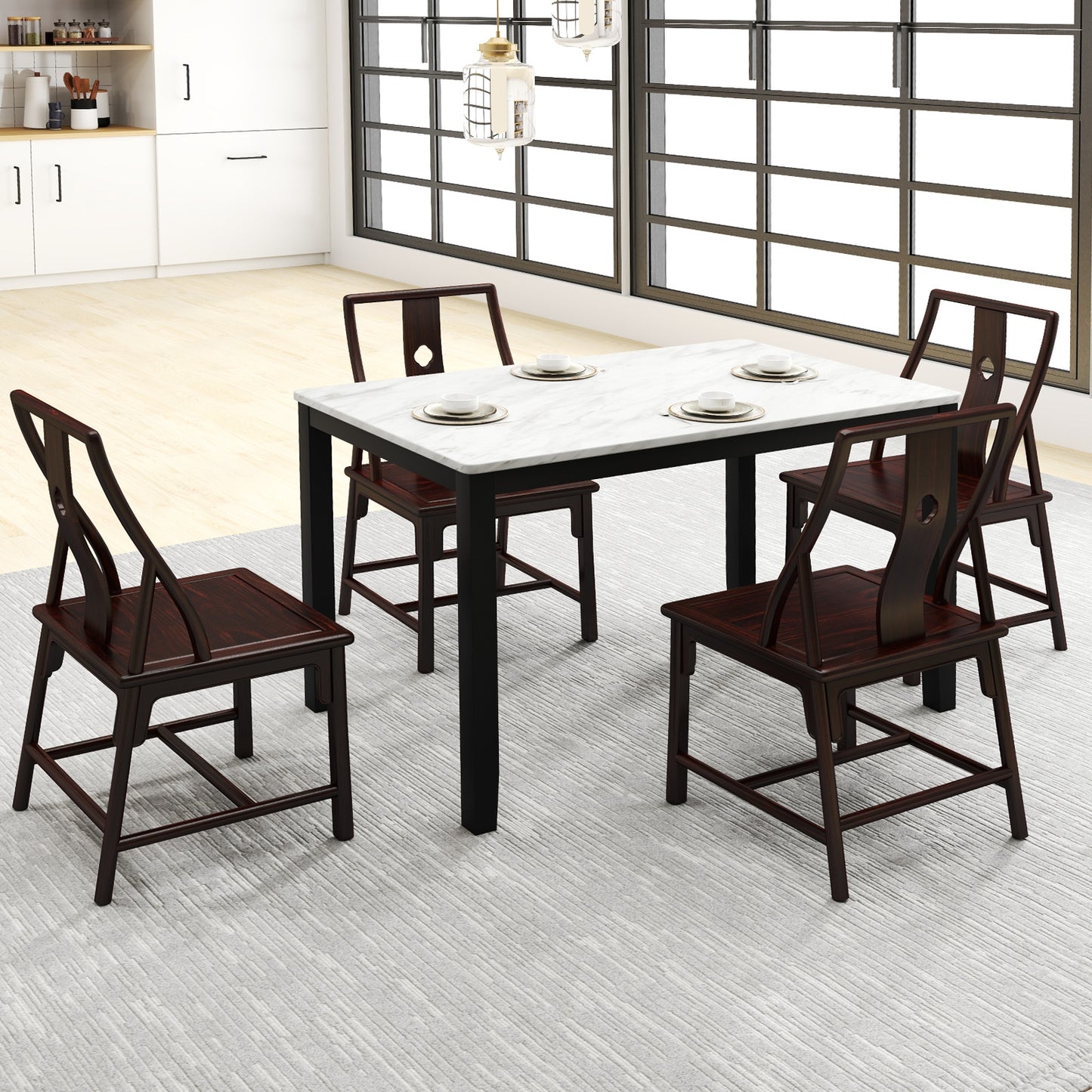 Mid Century Modern 45 Inch Rectangular Dining Table with Faux Marble Top Seats 4