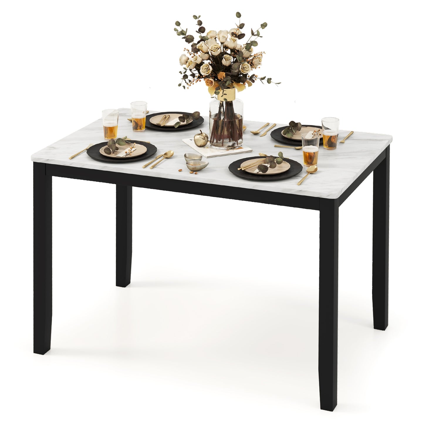Mid Century Modern 45 Inch Rectangular Dining Table with Faux Marble Top Seats 4