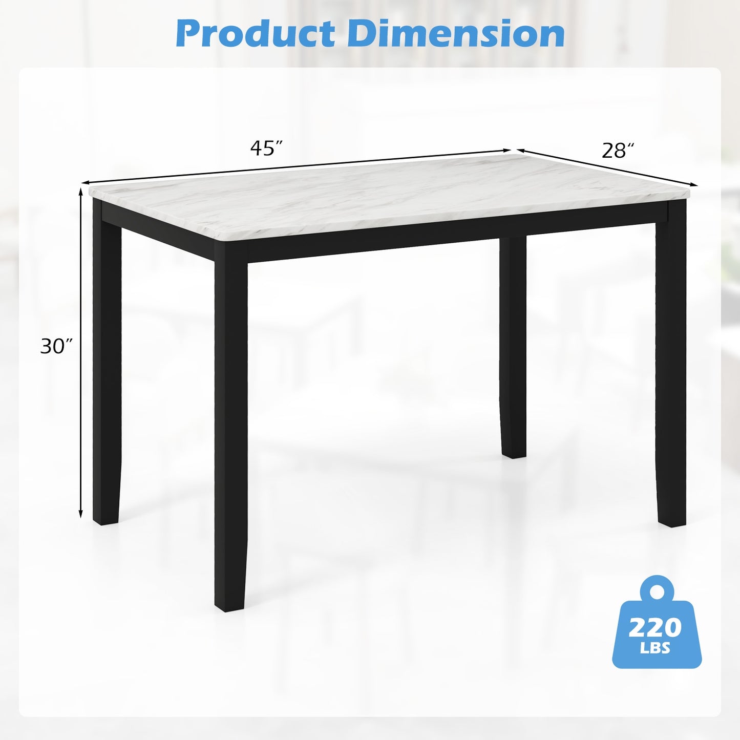 Mid Century Modern 45 Inch Rectangular Dining Table with Faux Marble Top Seats 4