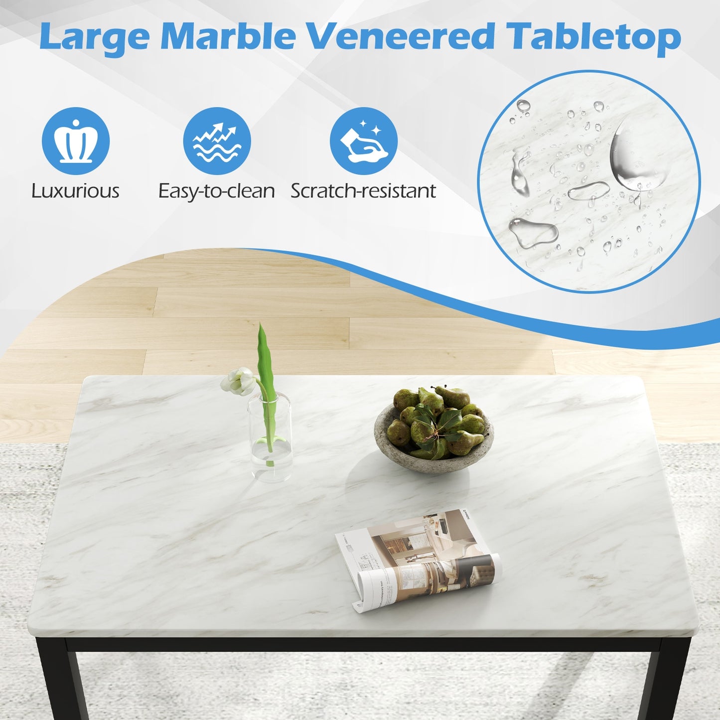 Mid Century Modern 45 Inch Rectangular Dining Table with Faux Marble Top Seats 4