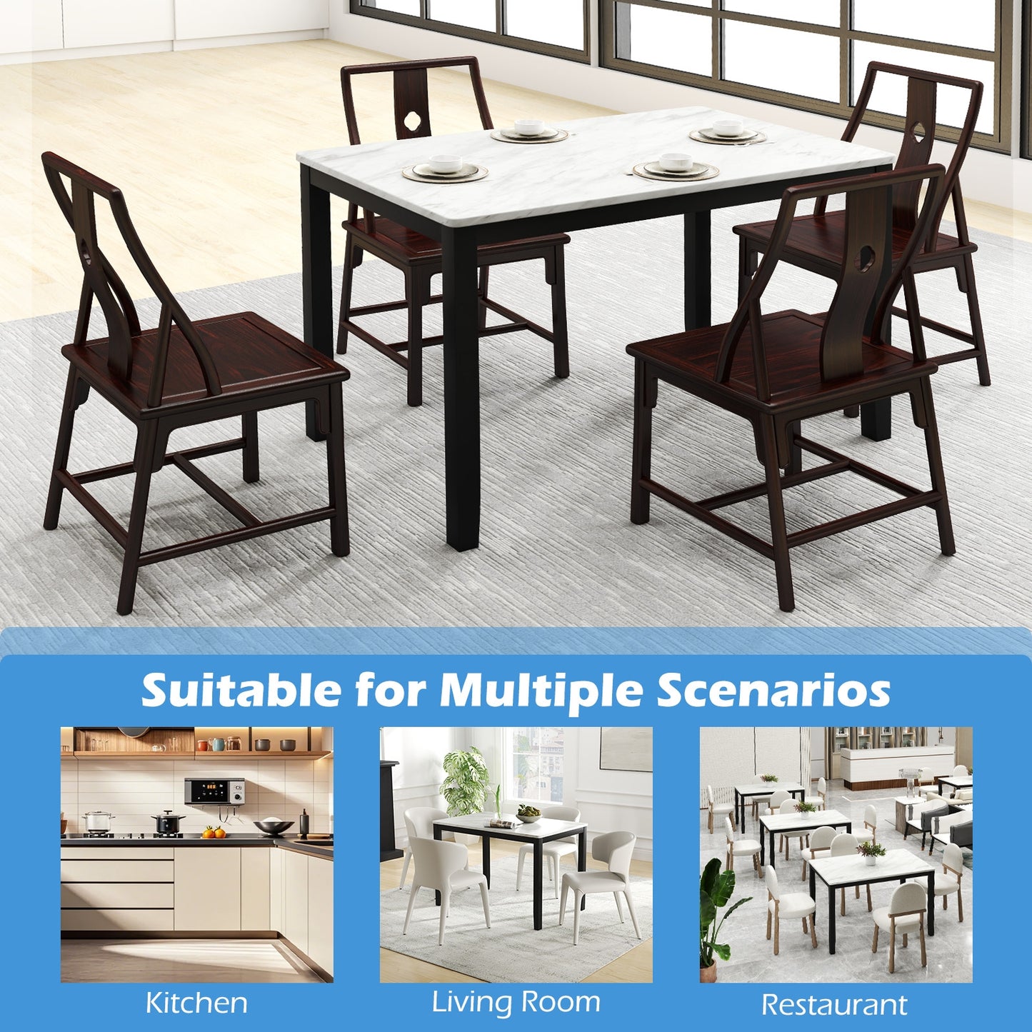 Mid Century Modern 45 Inch Rectangular Dining Table with Faux Marble Top Seats 4