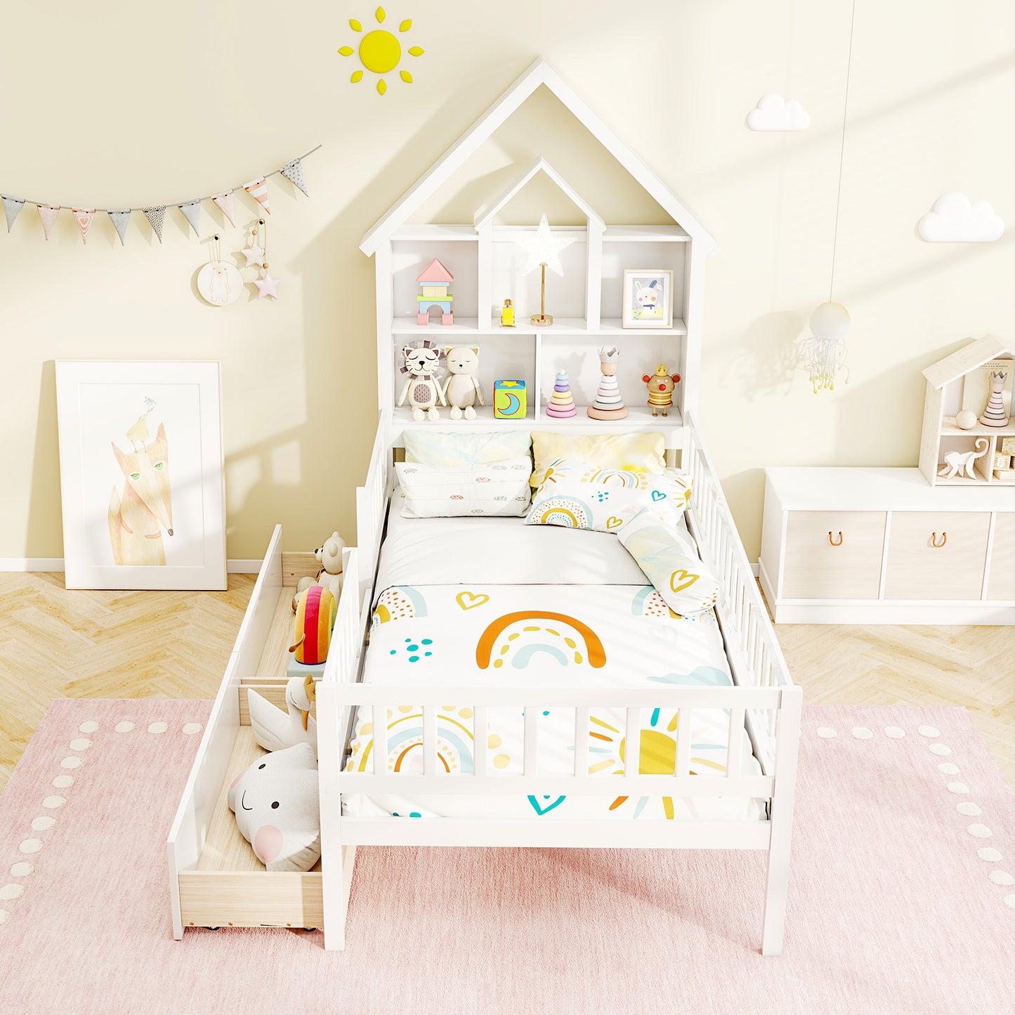 Twin Size Montessori House Bed for Kids with Storage Headboard and Slide-Out Drawers