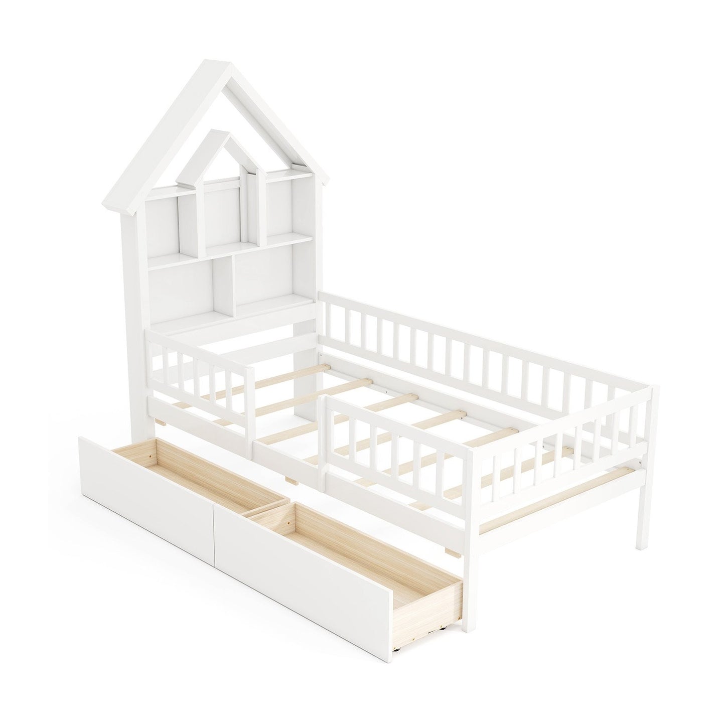 Twin Size Montessori House Bed for Kids with Storage Headboard and Slide-Out Drawers