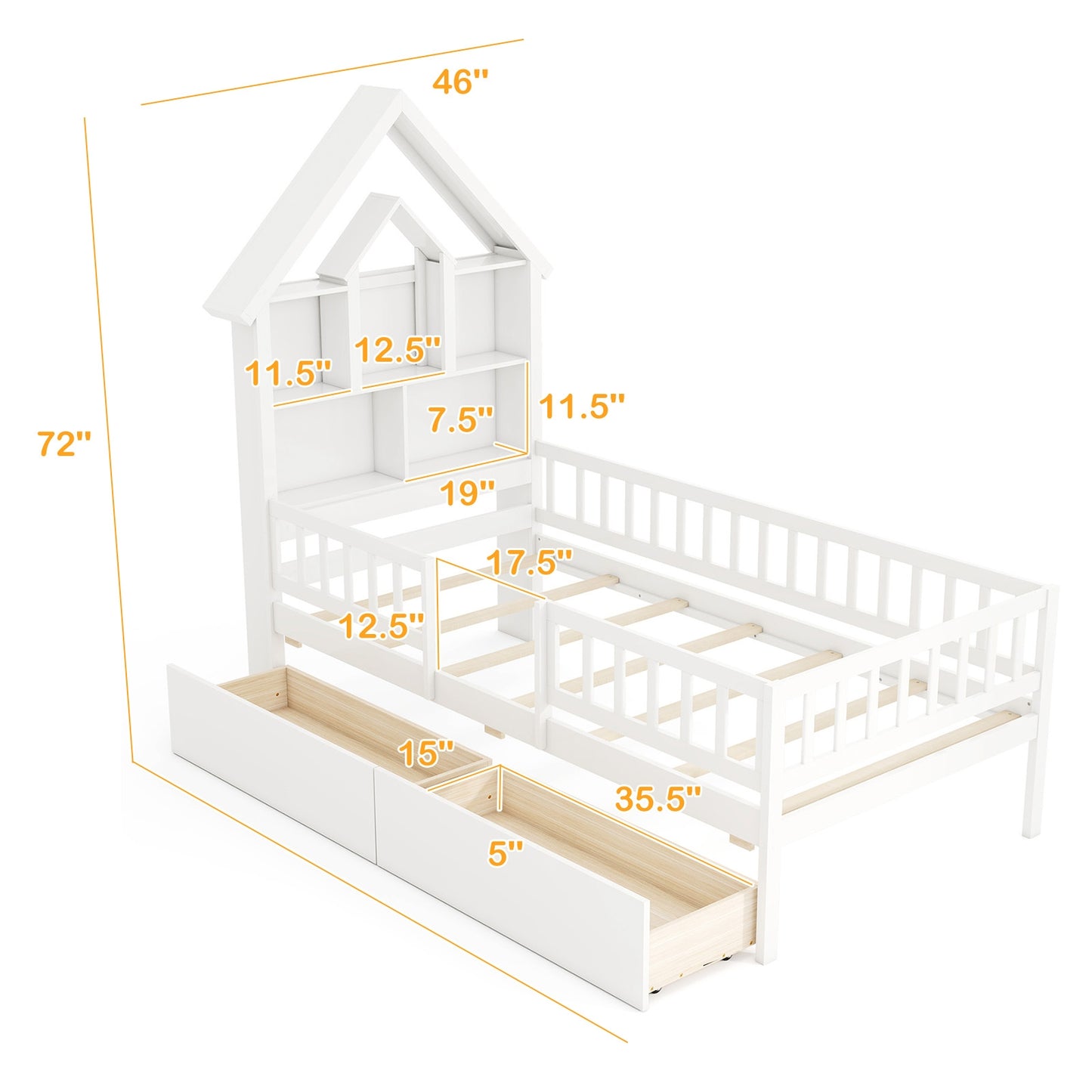 Twin Size Montessori House Bed for Kids with Storage Headboard and Slide-Out Drawers