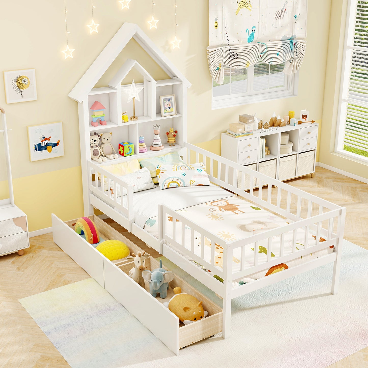 Twin Size Montessori House Bed for Kids with Storage Headboard and Slide-Out Drawers