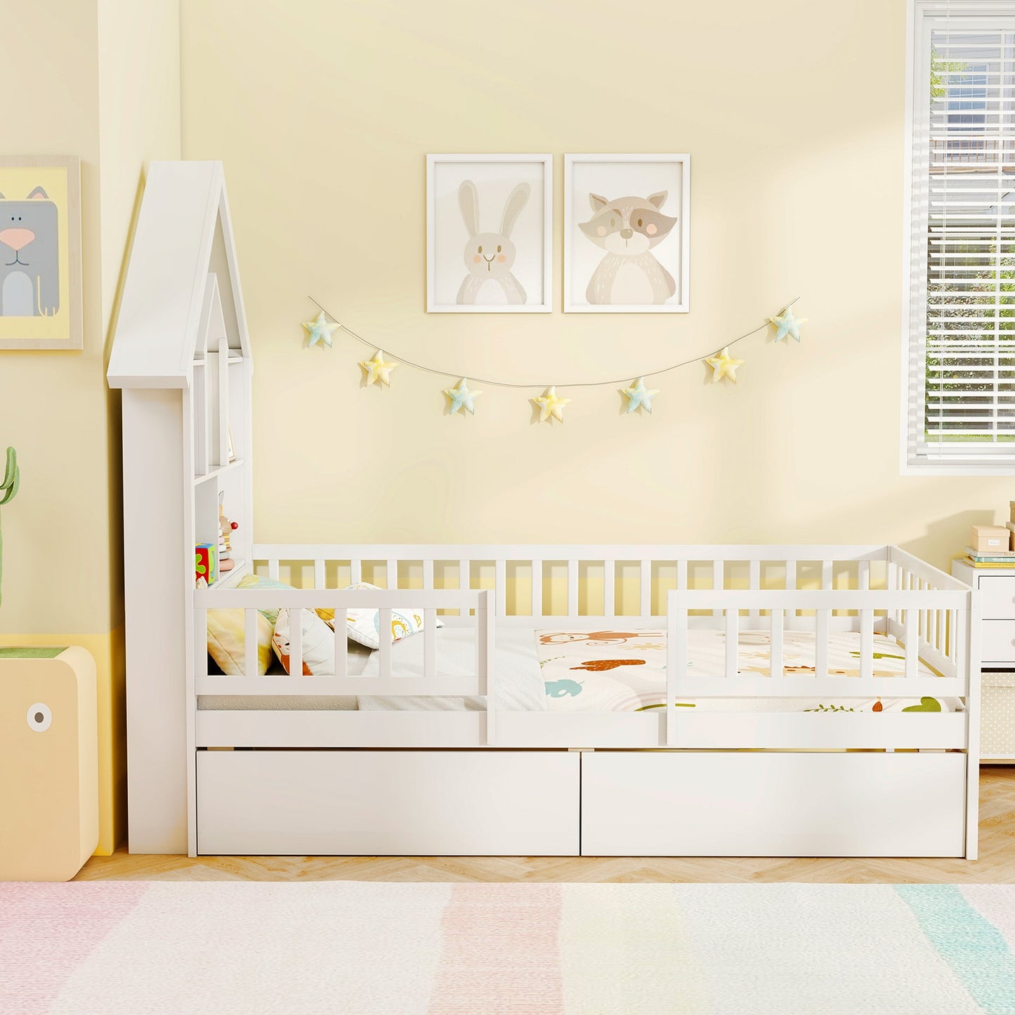 Twin Size Montessori House Bed for Kids with Storage Headboard and Slide-Out Drawers