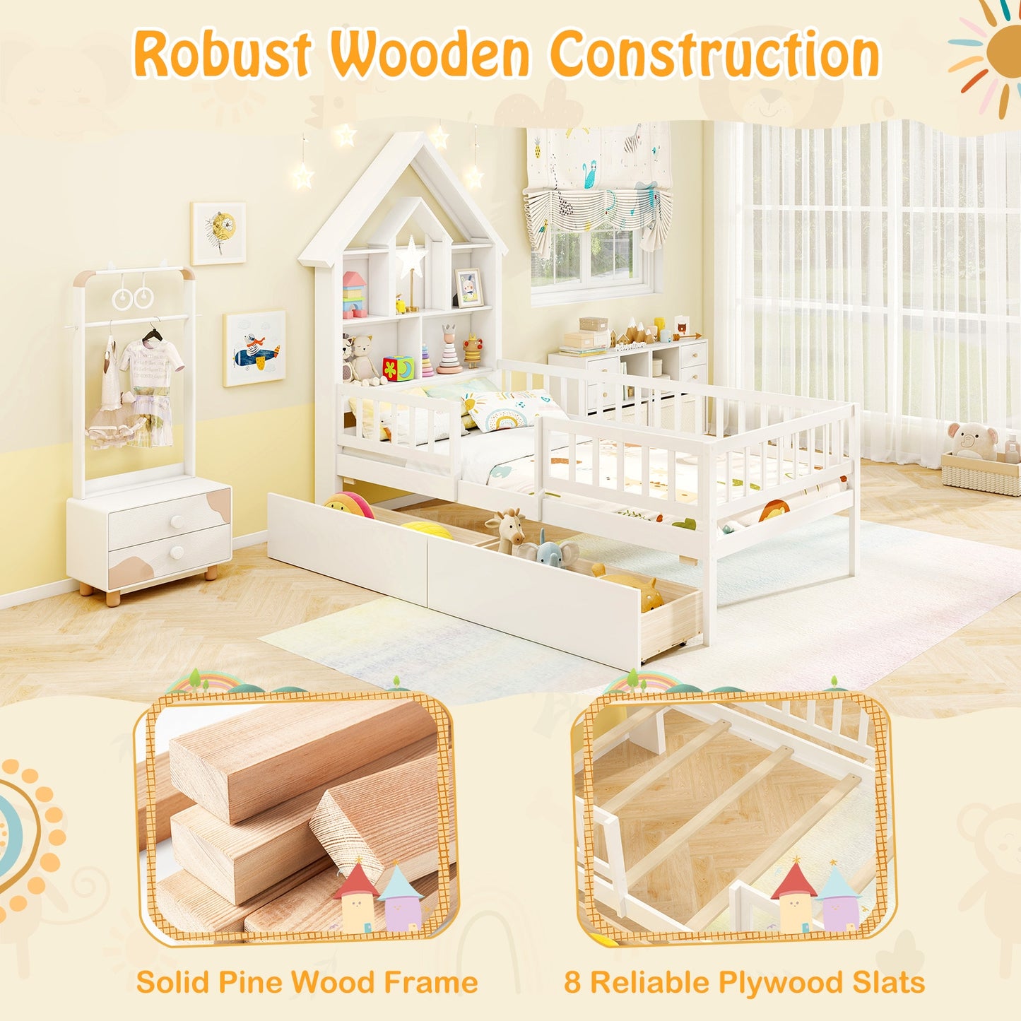 Twin Size Montessori House Bed for Kids with Storage Headboard and Slide-Out Drawers