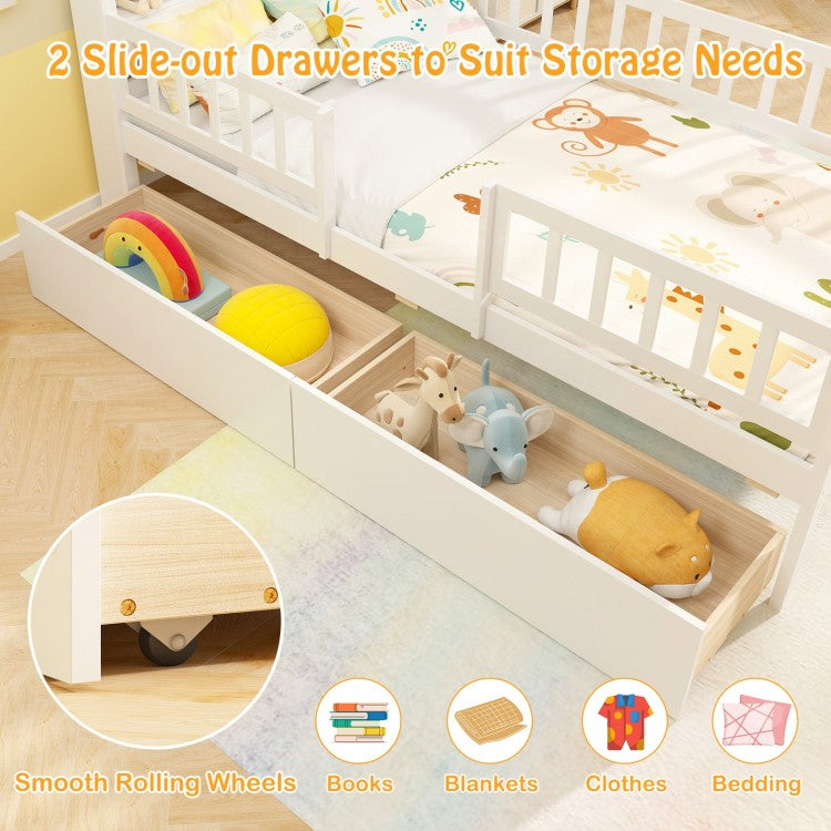 Twin Size Montessori House Bed for Kids with Storage Headboard and Slide-Out Drawers