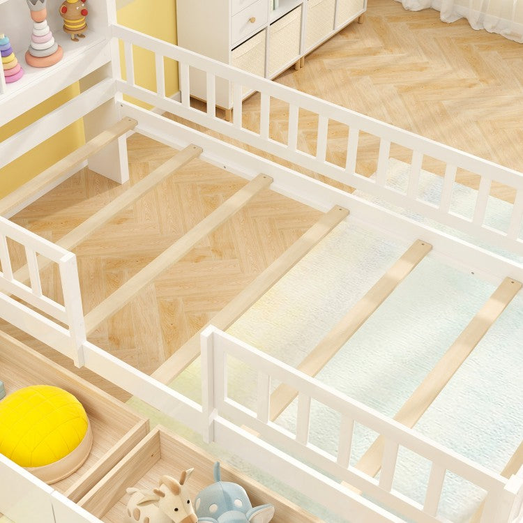 Twin Size Montessori House Bed for Kids with Storage Headboard and Slide-Out Drawers