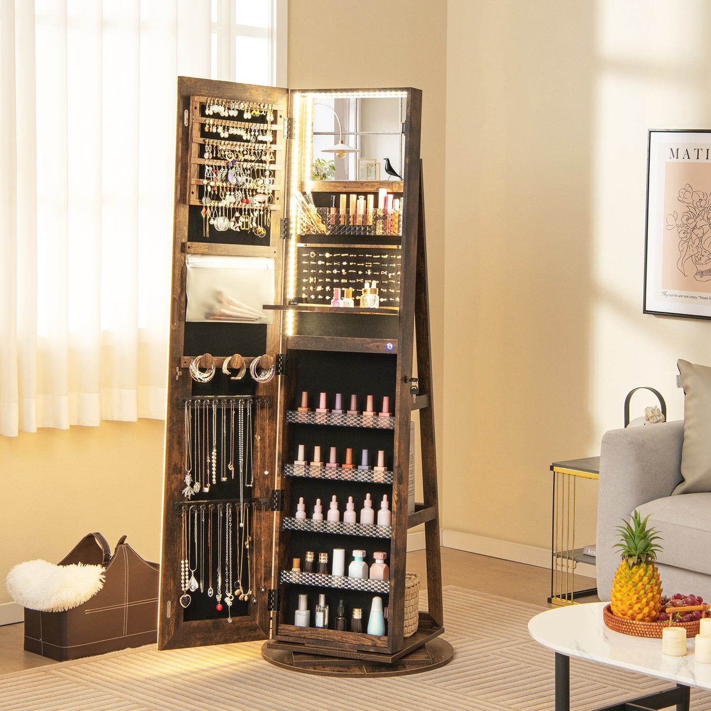 4-in-1 Standing Jewelry Cabinet with Full-Length LED Mirror, Lockable Storage, Rotating Base and Foldable Vanity Shelf – Coffee