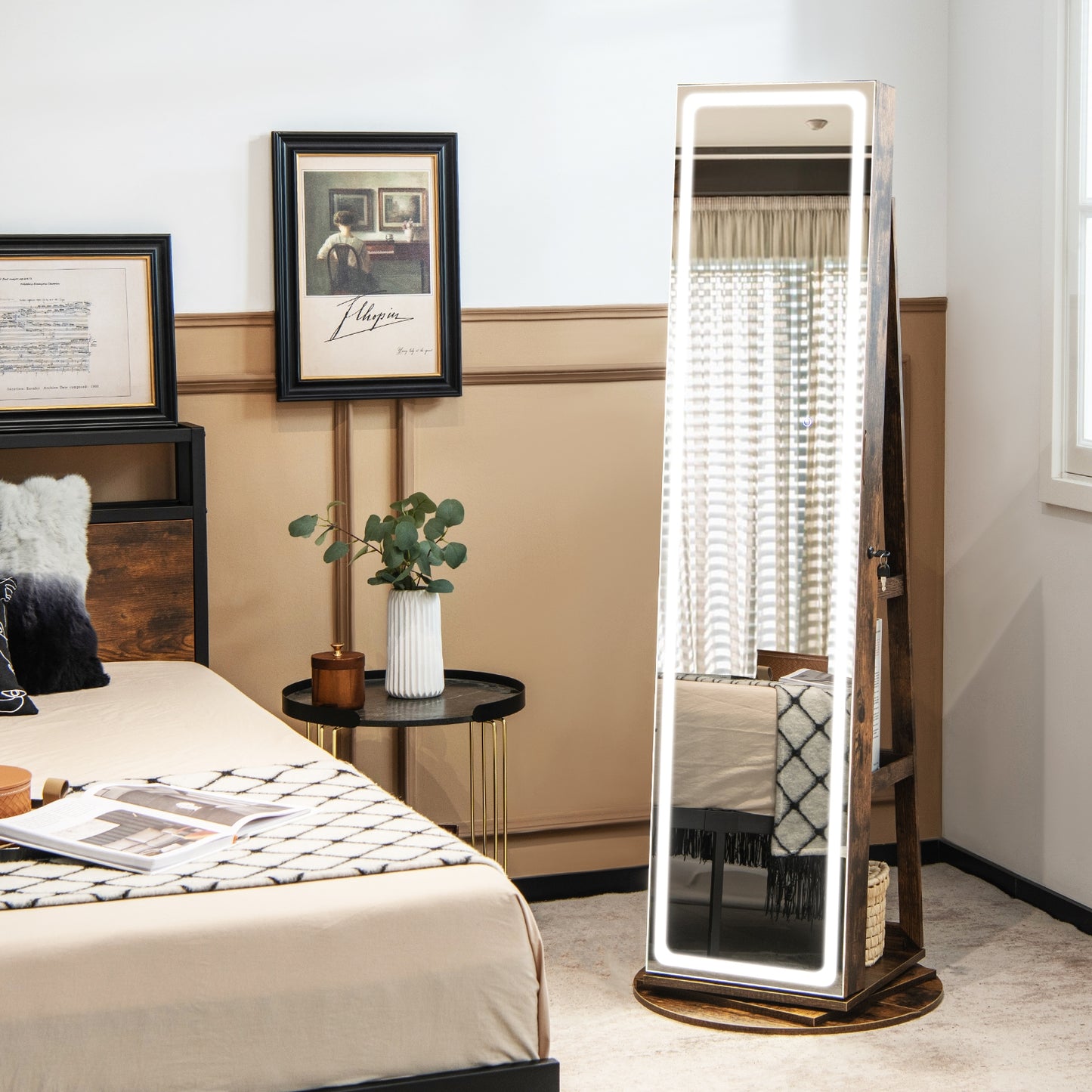 4-in-1 Standing Jewelry Cabinet with Full-Length LED Mirror, Lockable Storage, Rotating Base and Foldable Vanity Shelf – Coffee