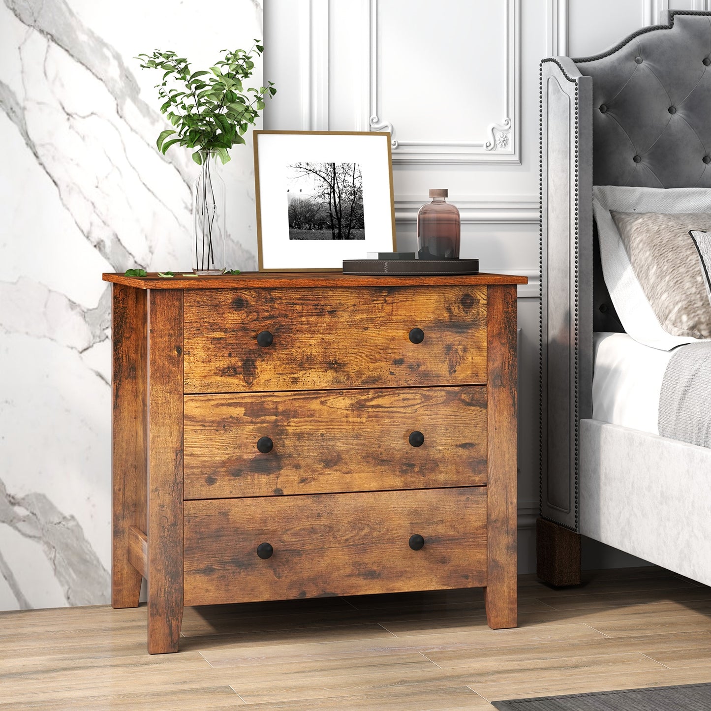 3-Drawer Storage Dresser Chest, Compact Bedside Table with Organizational Drawers – Rustic Brown