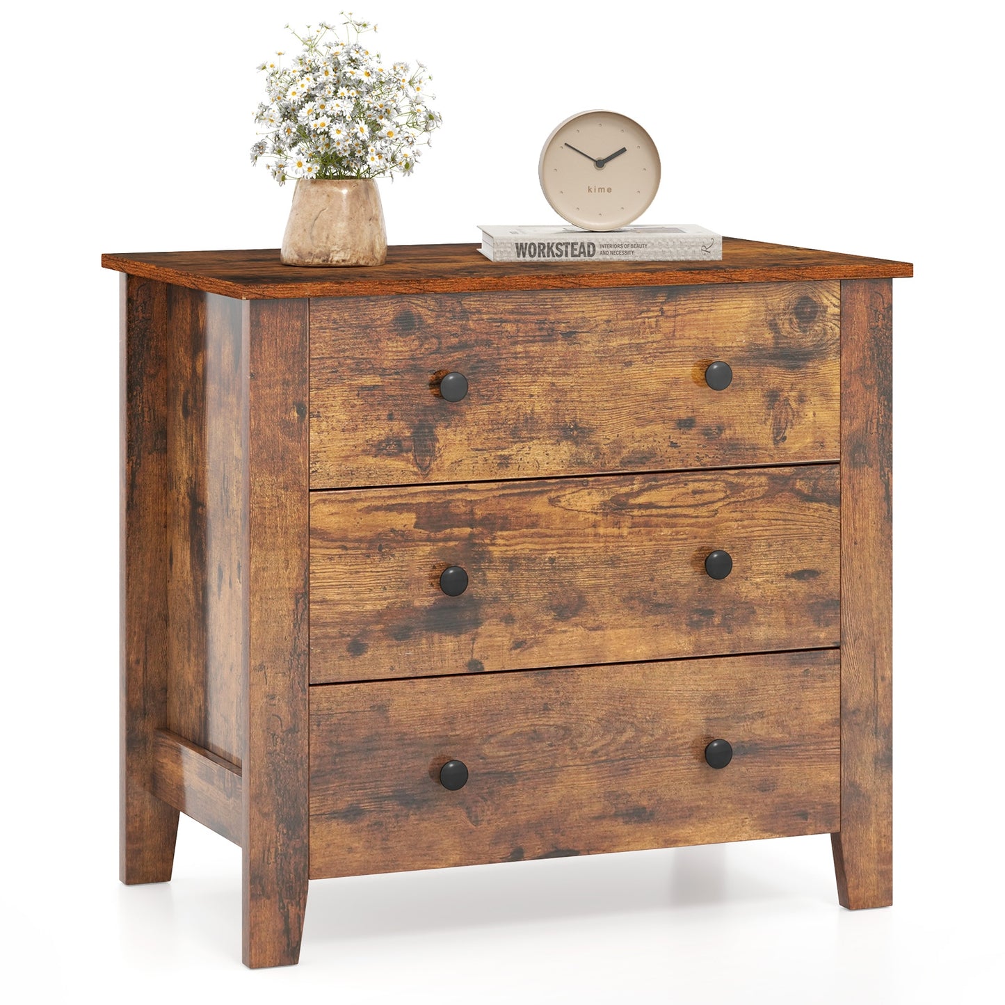 3-Drawer Storage Dresser Chest, Compact Bedside Table with Organizational Drawers – Rustic Brown