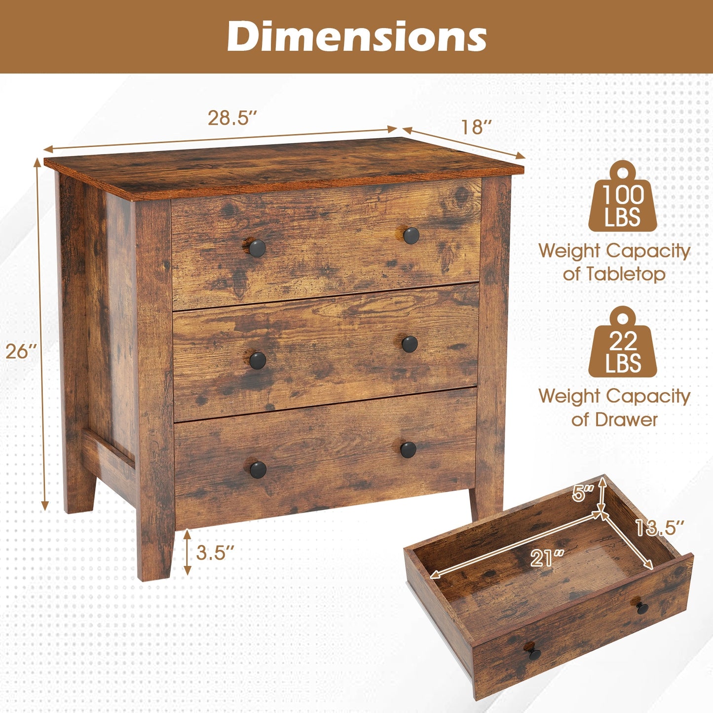 3-Drawer Storage Dresser Chest, Compact Bedside Table with Organizational Drawers – Rustic Brown