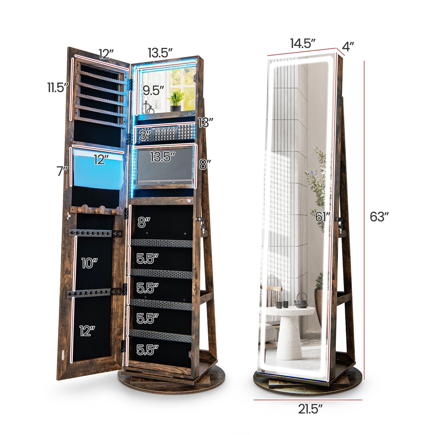 4-in-1 Standing Jewelry Cabinet with Full-Length LED Mirror, Lockable Storage, Rotating Base and Foldable Vanity Shelf – Coffee