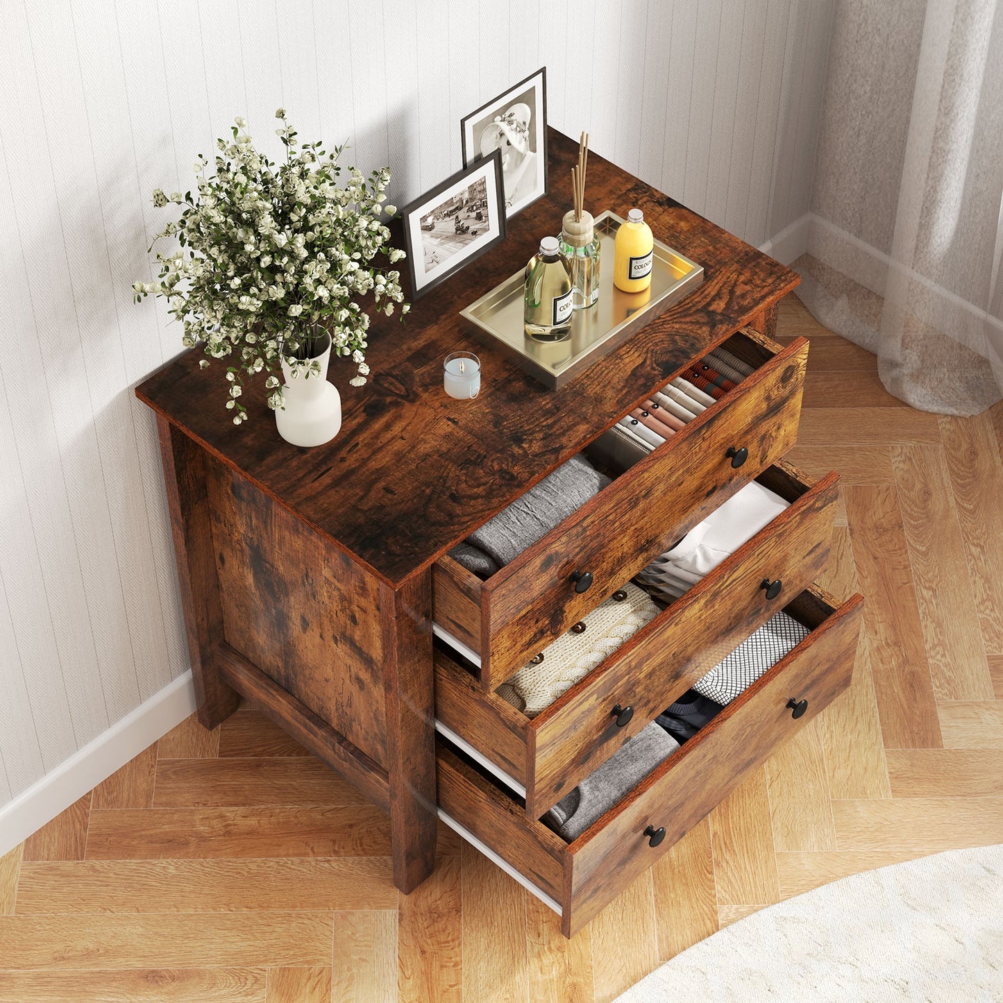3-Drawer Storage Dresser Chest, Compact Bedside Table with Organizational Drawers – Rustic Brown