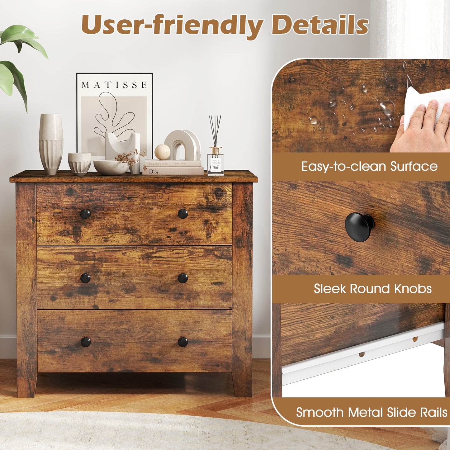 3-Drawer Storage Dresser Chest, Compact Bedside Table with Organizational Drawers – Rustic Brown